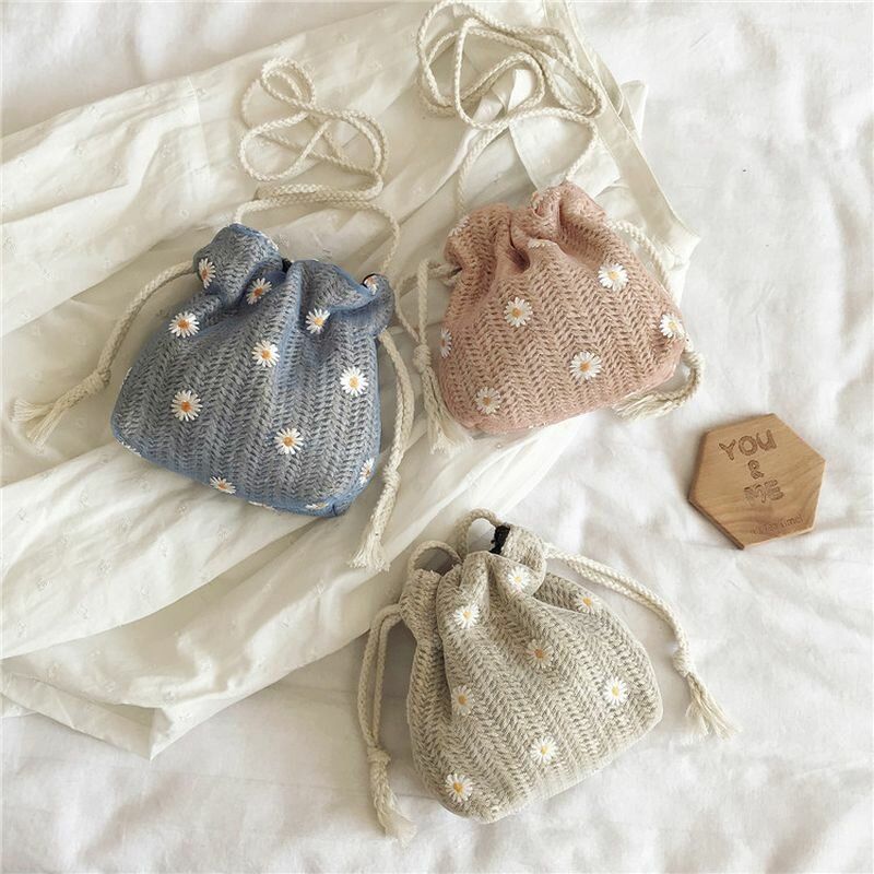 Damen Stroh Gänseblümchen Sonnenblume Muster Druck Casual String Lace Bag Strandtasche Bucket Bag Umhängetasche Handtasche