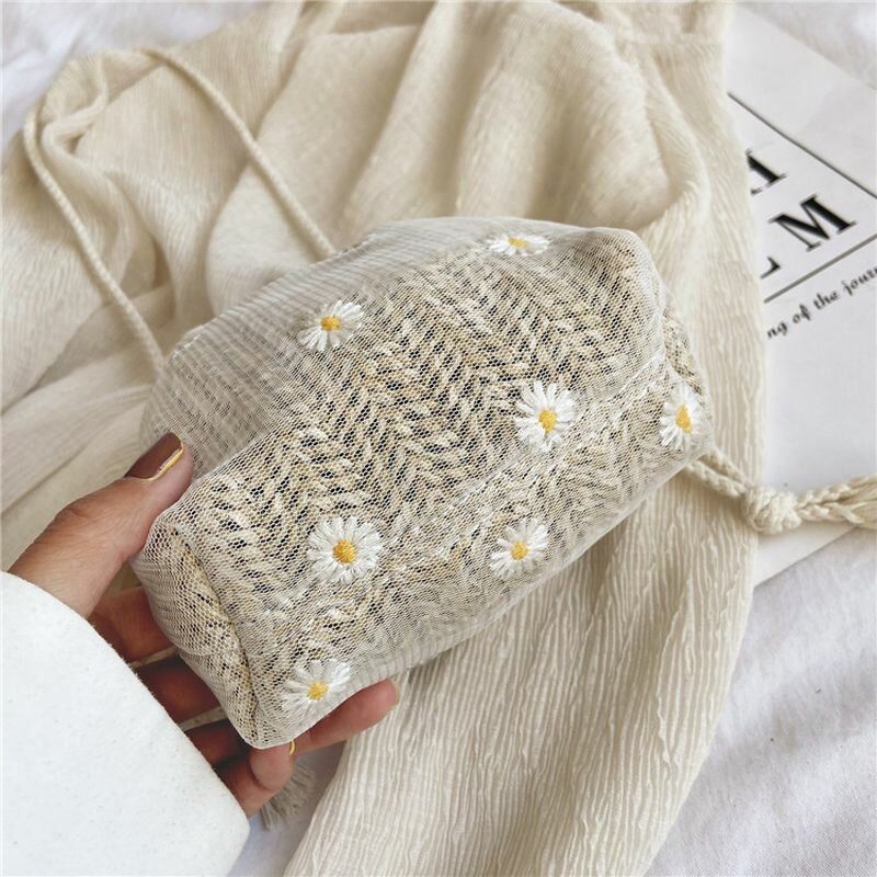 Damen Stroh Gänseblümchen Sonnenblume Muster Druck Casual String Lace Bag Strandtasche Bucket Bag Umhängetasche Handtasche