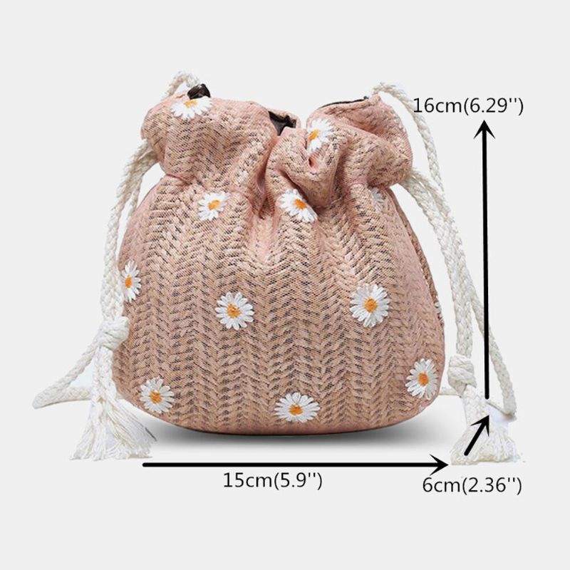 Damen Stroh Gänseblümchen Sonnenblume Muster Druck Casual String Lace Bag Strandtasche Bucket Bag Umhängetasche Handtasche