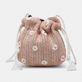 Damen Stroh Gänseblümchen Sonnenblume Muster Druck Casual String Lace Bag Strandtasche Bucket Bag Umhängetasche Handtasche