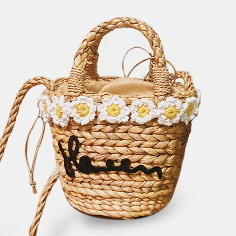 Damen Travel Daisy Beach Weave Straw Crossbody Bag Bucket Bag