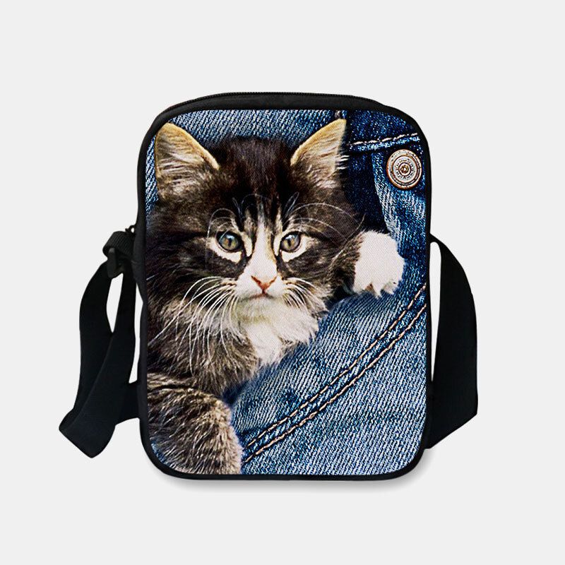 Frauen Denim 3d Dreidimensionale Tier Kreative Cartoon Netter Druck Katze Lässige Handytasche Gürteltasche Umhängetasche