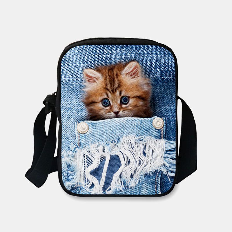 Frauen Denim 3d Dreidimensionale Tier Kreative Cartoon Netter Druck Katze Lässige Handytasche Gürteltasche Umhängetasche