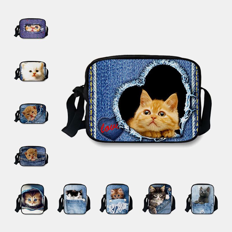 Frauen Denim 3d Dreidimensionale Tier Kreative Cartoon Netter Druck Katze Lässige Handytasche Gürteltasche Umhängetasche