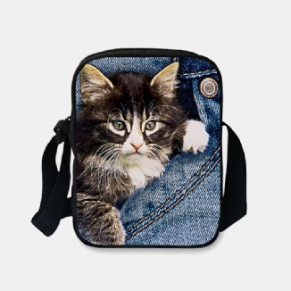 Frauen Denim 3d Dreidimensionale Tier Kreative Cartoon Netter Druck Katze Lässige Handytasche Gürteltasche Umhängetasche