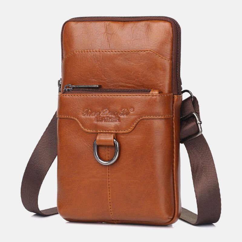 Herren Echtes Leder Rindsleder Vintage Business 6.5 Zoll Handytasche Crossbody Bag Gürteltasche Sling Bag