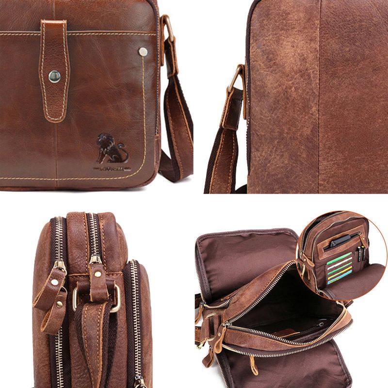 Herren Echtes Leder Vintage Große Kapazität Strapazierfähige Umhängetasche Innenfach Lässige Business-tasche