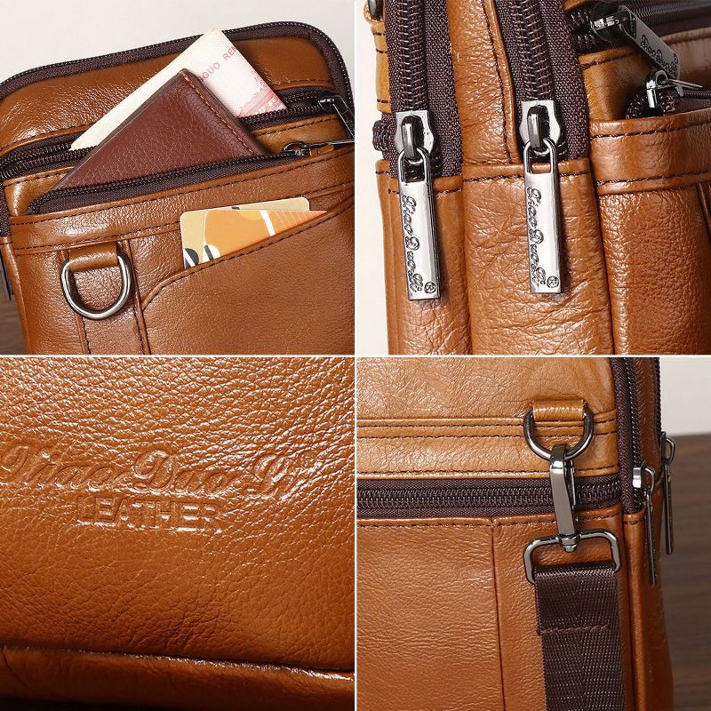 Herren Echtes Leder Vintage Multi-fach Reißverschluss Handytasche Umhängetasche