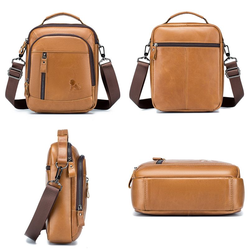 Herren Echtes Leder Vintage Strapazierfähige Umhängetasche Große Kapazität Reißverschluss Design Multifunktionale Ledertasche