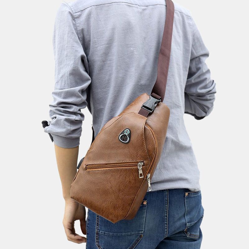 Herren Pu-leder Retro Business Brusttasche Mit Usb-aufladung Jugend Leder Umhängetasche Umhängetasche