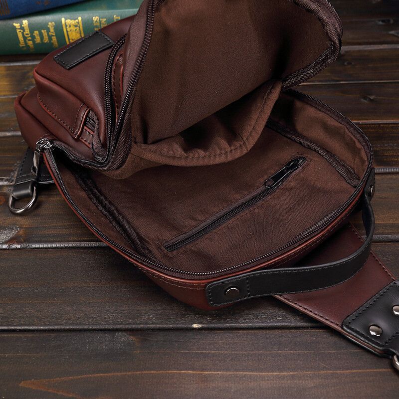 Herren Pu-leder Retro Wasserabweisende Brusttasche Große Kapazität Reißverschluss Verstellbarer Riemen Langlebige Umhängetasche