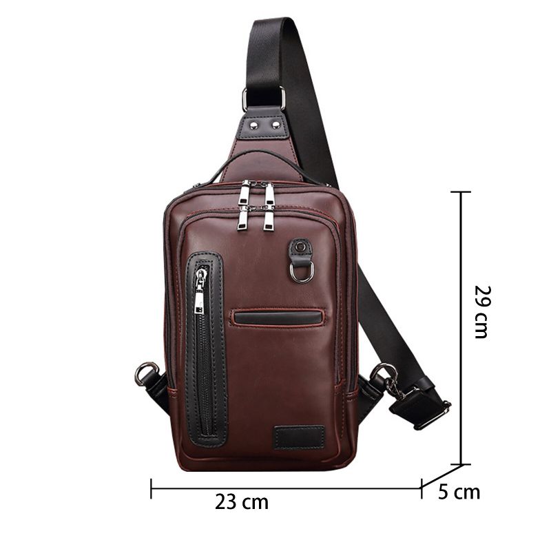 Herren Pu-leder Retro Wasserabweisende Brusttasche Große Kapazität Reißverschluss Verstellbarer Riemen Langlebige Umhängetasche