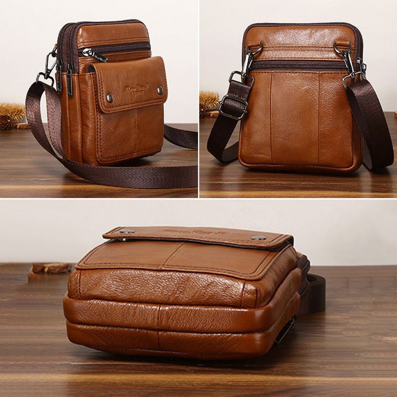 Herren Rindsleder Multi-fach Reißverschluss Umhängetasche Umhängetasche Outdoor Casual Vintage Messenger Bag