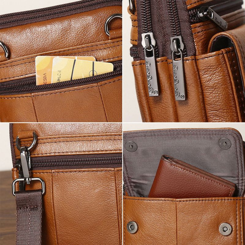 Herren Rindsleder Multi-fach Reißverschluss Umhängetasche Umhängetasche Outdoor Casual Vintage Messenger Bag