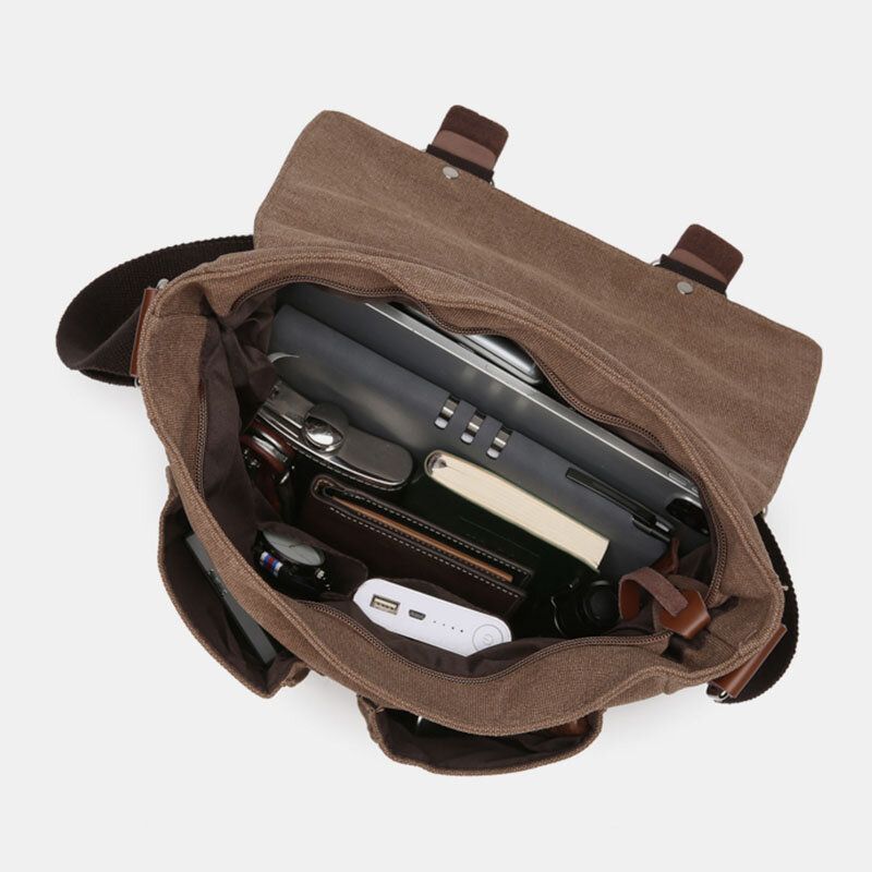 Herren-umhängetasche Mit Doppelter Vordertasche Großer Kapazität Retro-segeltuch Horizontal Einfarbig Anti-diebstahl-schultertasche