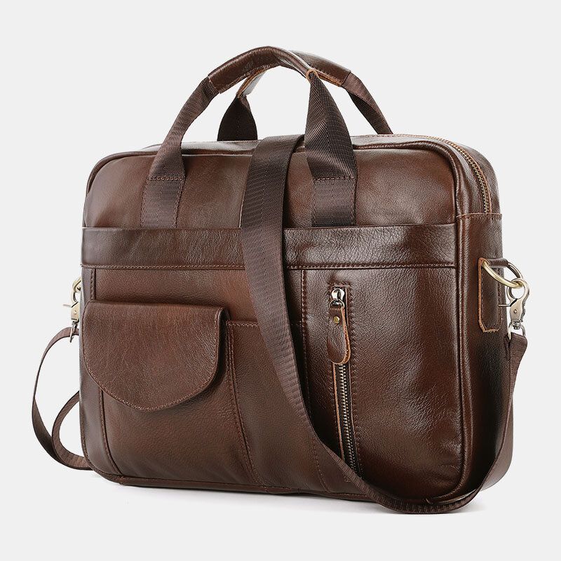 Männer Echtes Leder Multi-pocket Vintage 14 Zoll Laptoptasche Aktentaschen Umhängetasche Umhängetasche Handtasche