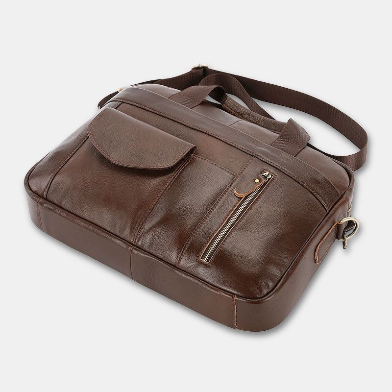 Männer Echtes Leder Multi-pocket Vintage 14 Zoll Laptoptasche Aktentaschen Umhängetasche Umhängetasche Handtasche