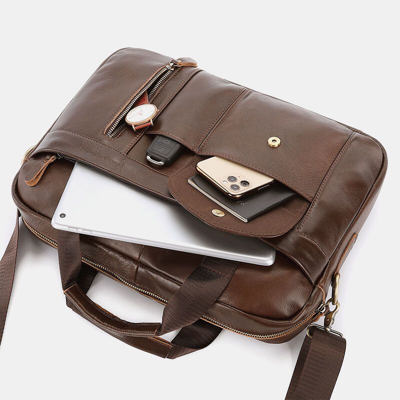 Männer Echtes Leder Multi-pocket Vintage 14 Zoll Laptoptasche Aktentaschen Umhängetasche Umhängetasche Handtasche