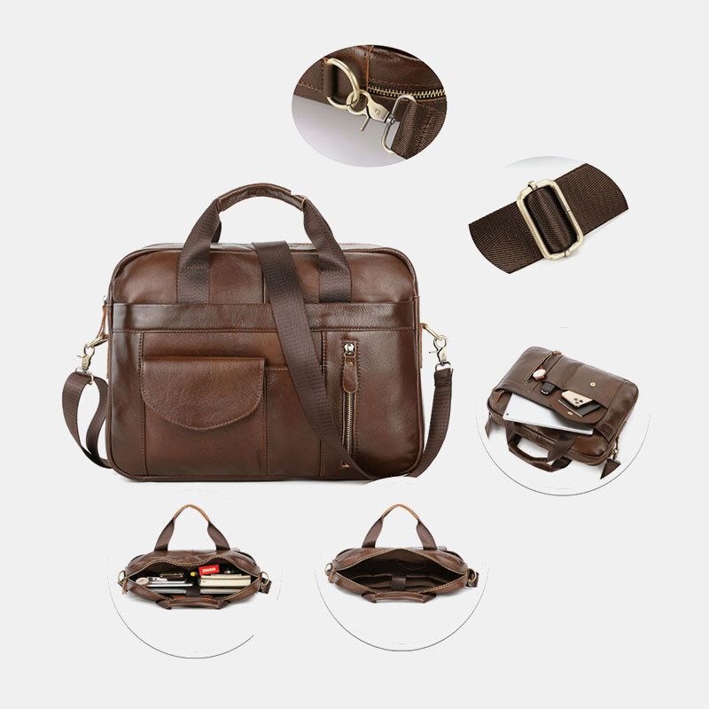 Männer Echtes Leder Multi-pocket Vintage 14 Zoll Laptoptasche Aktentaschen Umhängetasche Umhängetasche Handtasche