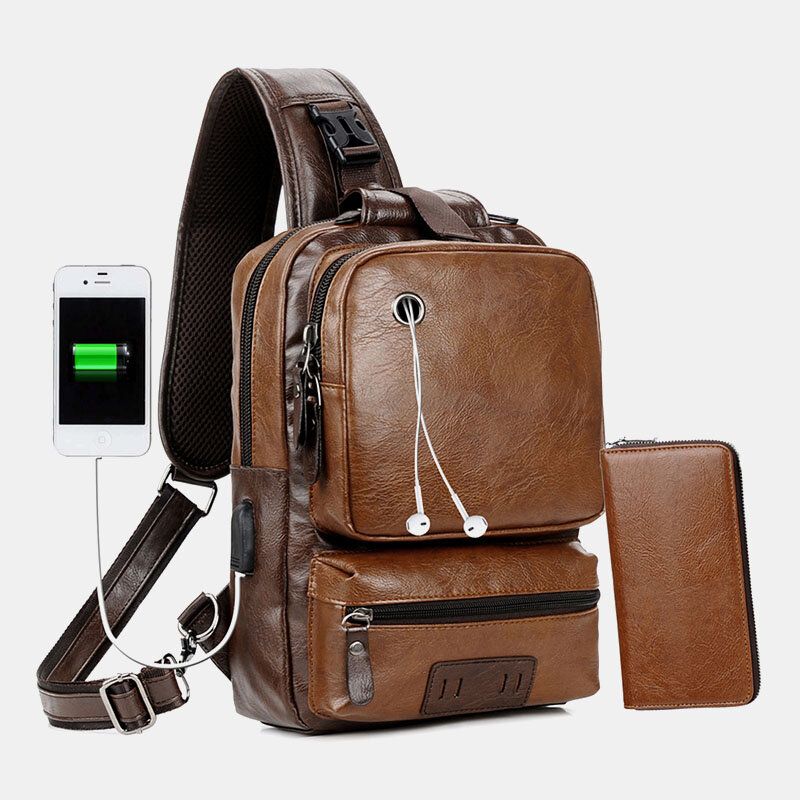 Männer Pu-leder Vintage Multifunktions-kopfhörer-loch Usb-lade Umhängetasche Brusttasche Sling Bag