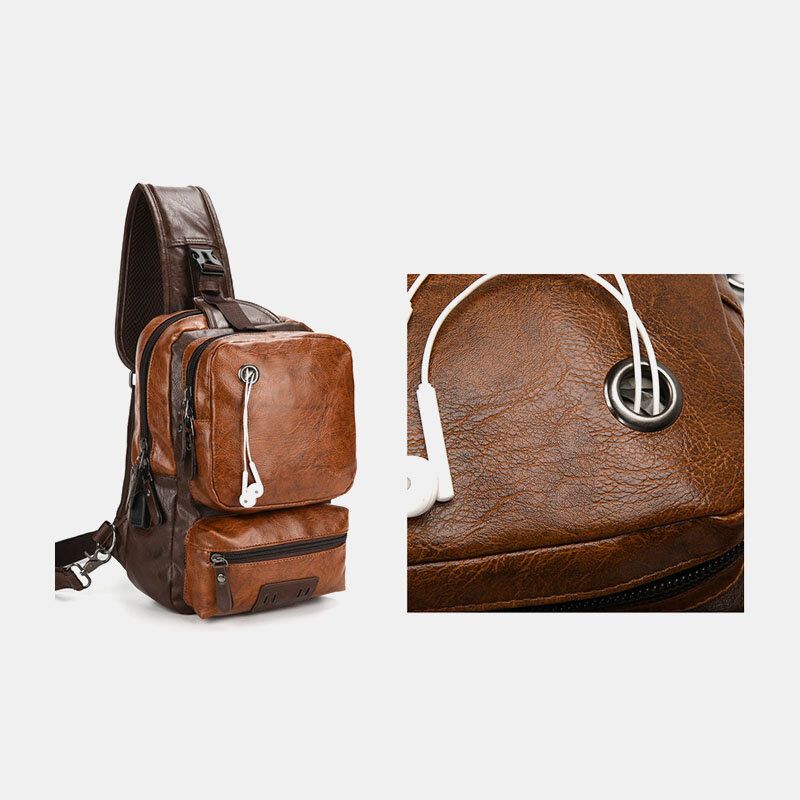 Männer Pu-leder Vintage Multifunktions-kopfhörer-loch Usb-lade Umhängetasche Brusttasche Sling Bag