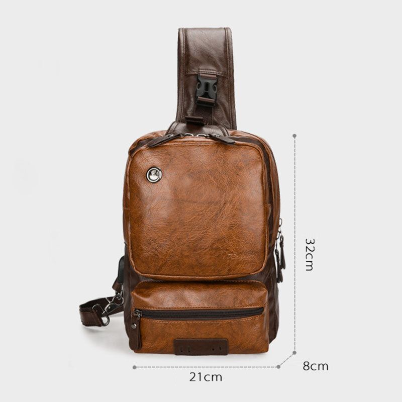 Männer Pu-leder Vintage Multifunktions-kopfhörer-loch Usb-lade Umhängetasche Brusttasche Sling Bag