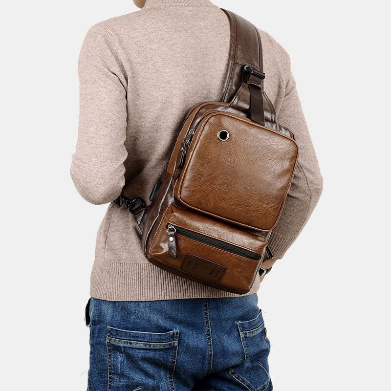 Männer Pu-leder Vintage Multifunktions-kopfhörer-loch Usb-lade Umhängetasche Brusttasche Sling Bag