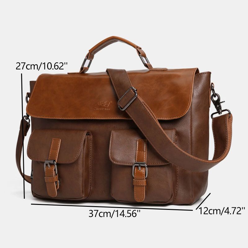 Männer Vintage Multifunktions Doppelte Fronttasche Lehrertasche Aktentasche 14 Zoll Laptoptasche Umhängetasche