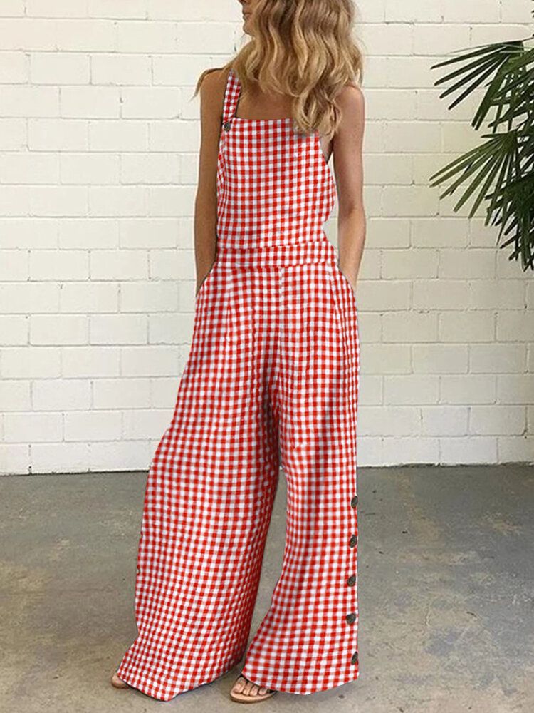 Damen Casual Ärmellose Träger Plaid Wide Leg Side Buttons Jumpsuits Mit Tasche