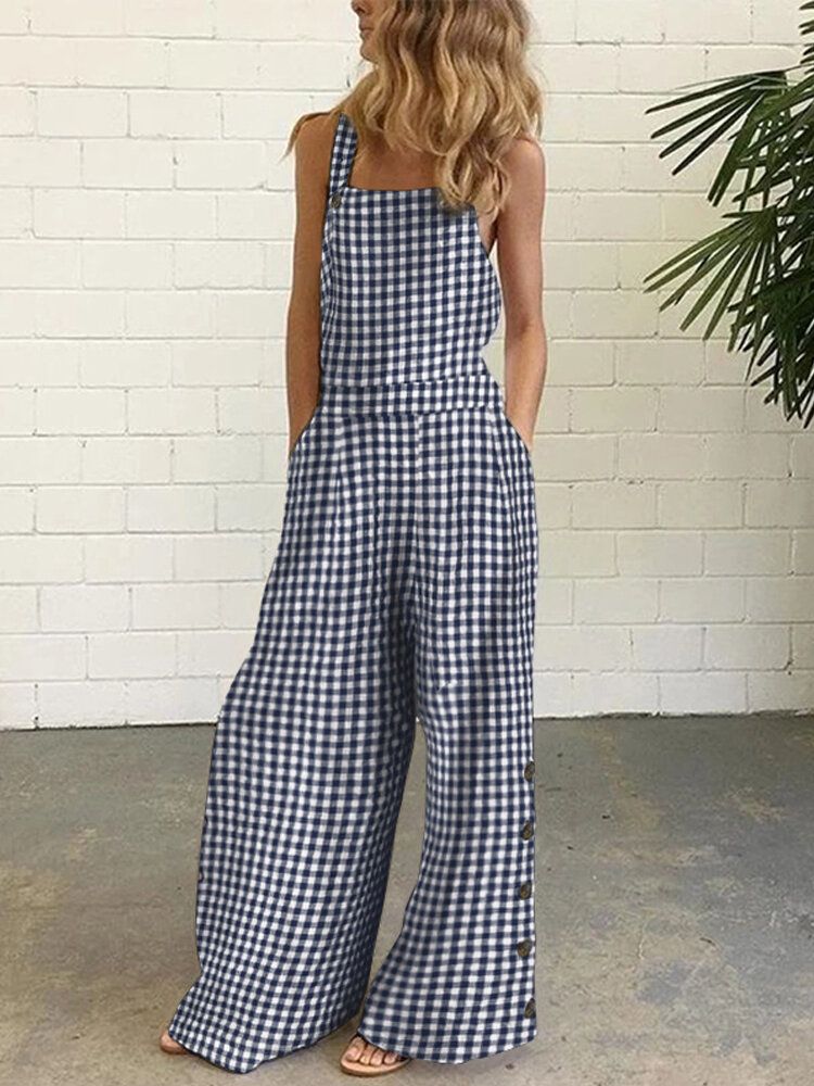 Damen Casual Ärmellose Träger Plaid Wide Leg Side Buttons Jumpsuits Mit Tasche