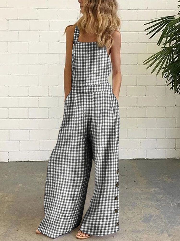 Damen Casual Ärmellose Träger Plaid Wide Leg Side Buttons Jumpsuits Mit Tasche