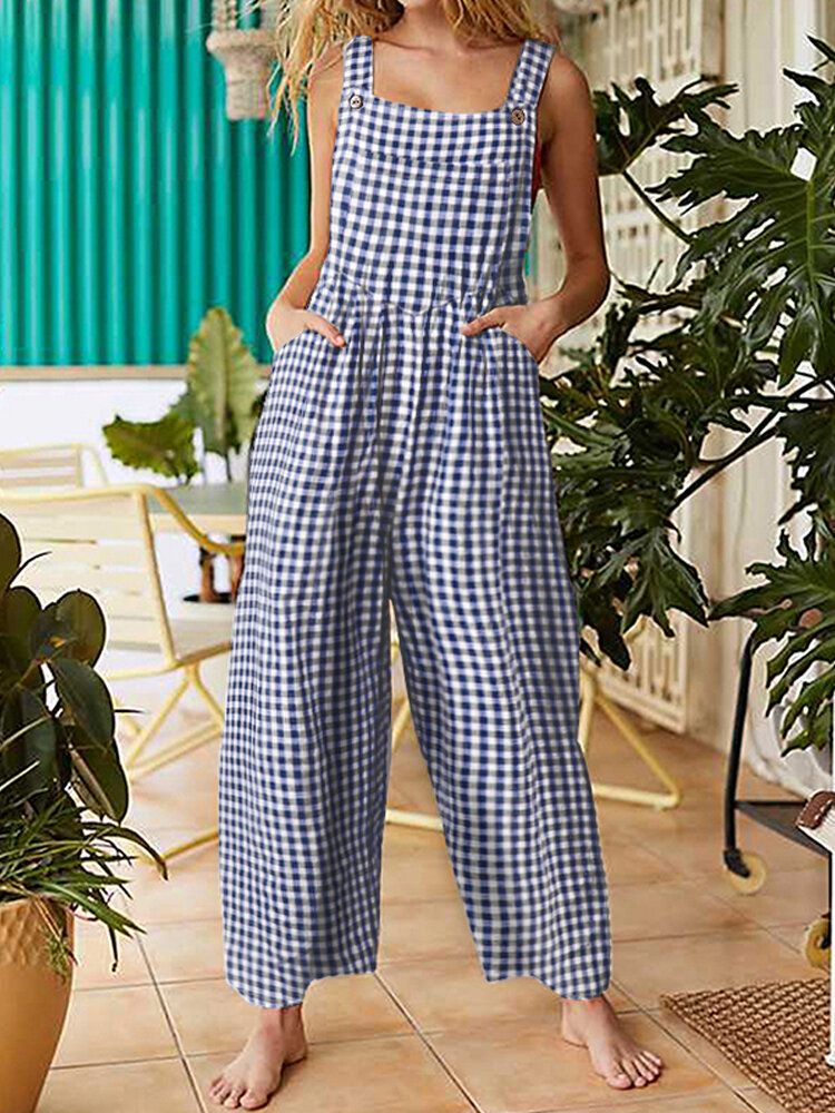 Damen-sleeveless Plain Plaid Loose Seitentasche Casual Jumpsuits