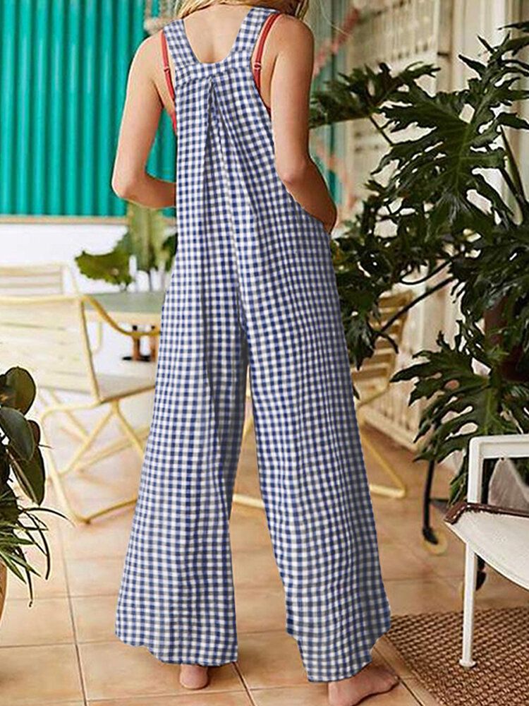 Damen-sleeveless Plain Plaid Loose Seitentasche Casual Jumpsuits