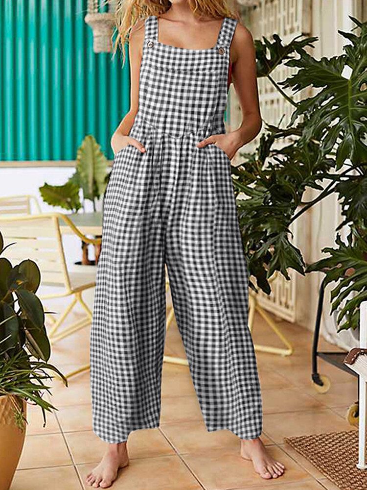 Damen-sleeveless Plain Plaid Loose Seitentasche Casual Jumpsuits