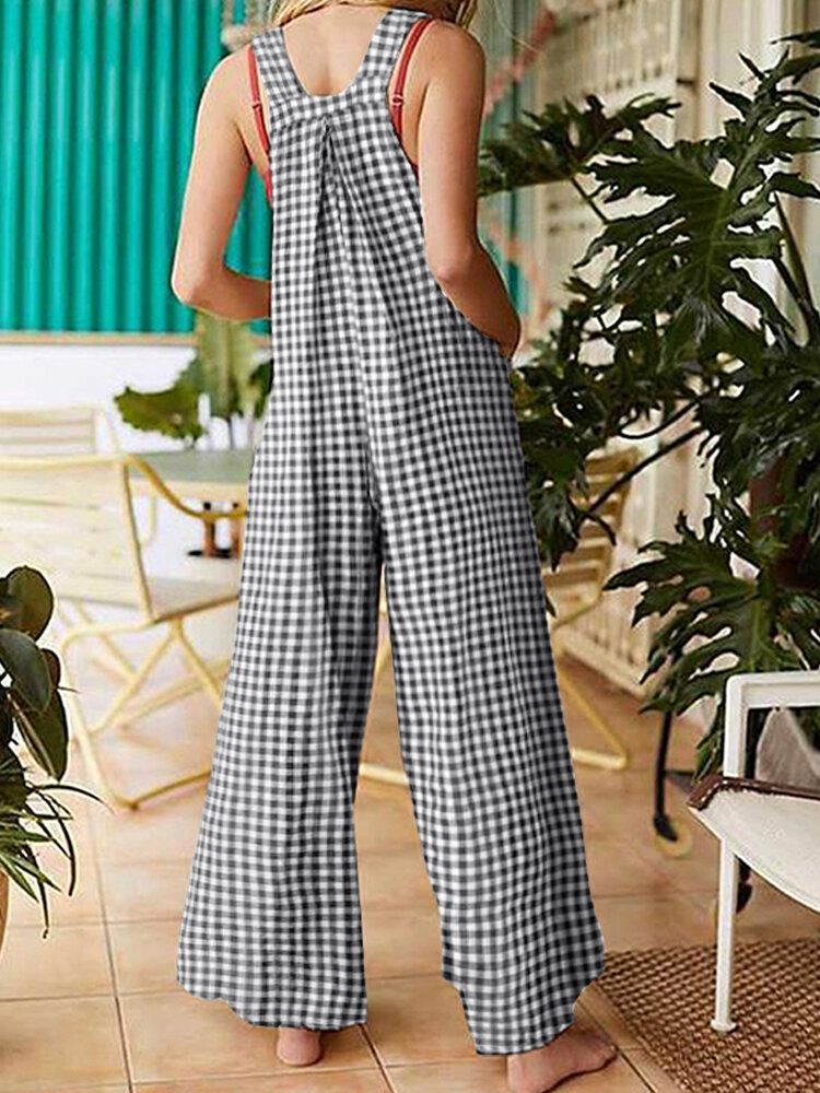 Damen-sleeveless Plain Plaid Loose Seitentasche Casual Jumpsuits