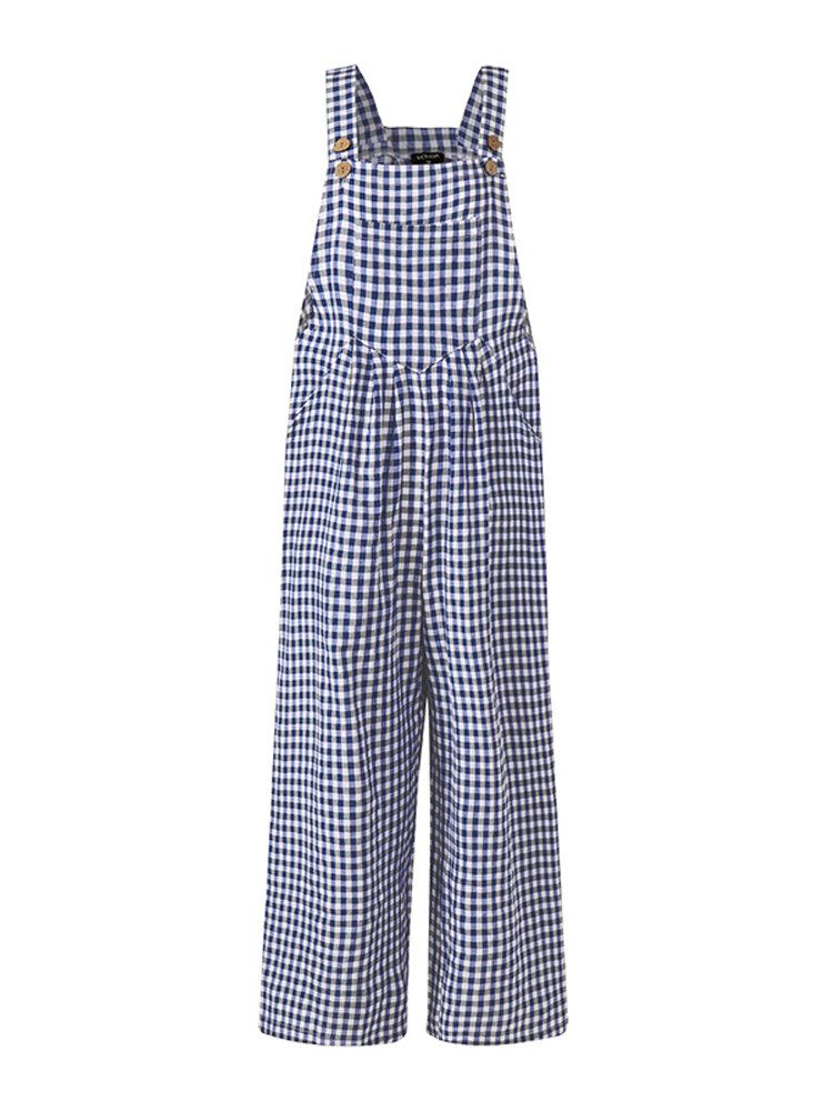 Damen-sleeveless Plain Plaid Loose Seitentasche Casual Jumpsuits