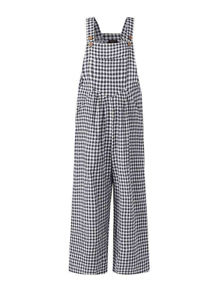 Damen-sleeveless Plain Plaid Loose Seitentasche Casual Jumpsuits