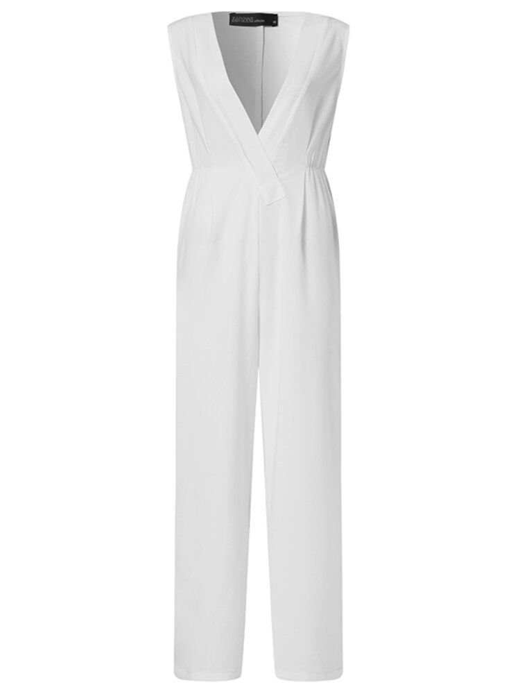 Damen V-ausschnitt Ärmellose Elastische Taille Stilvoller Lässiger Overall Mit Tasche