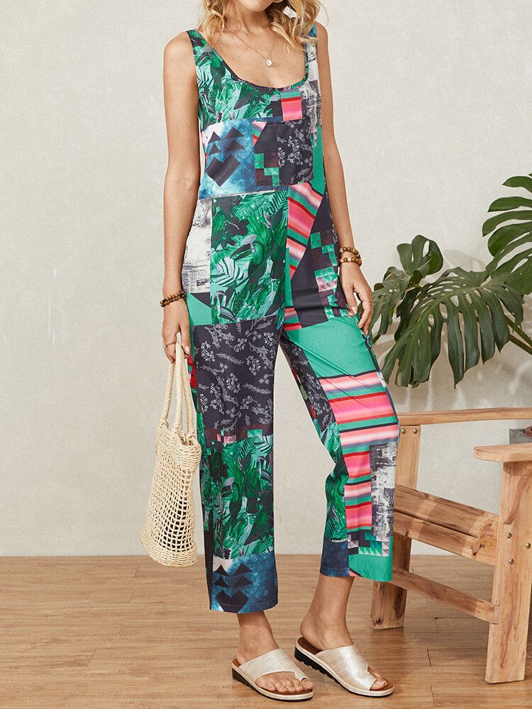 Flower Plants Ärmelloser Jumpsuit Mit Geometrischem Aufdruck Und Trägern Und Tasche