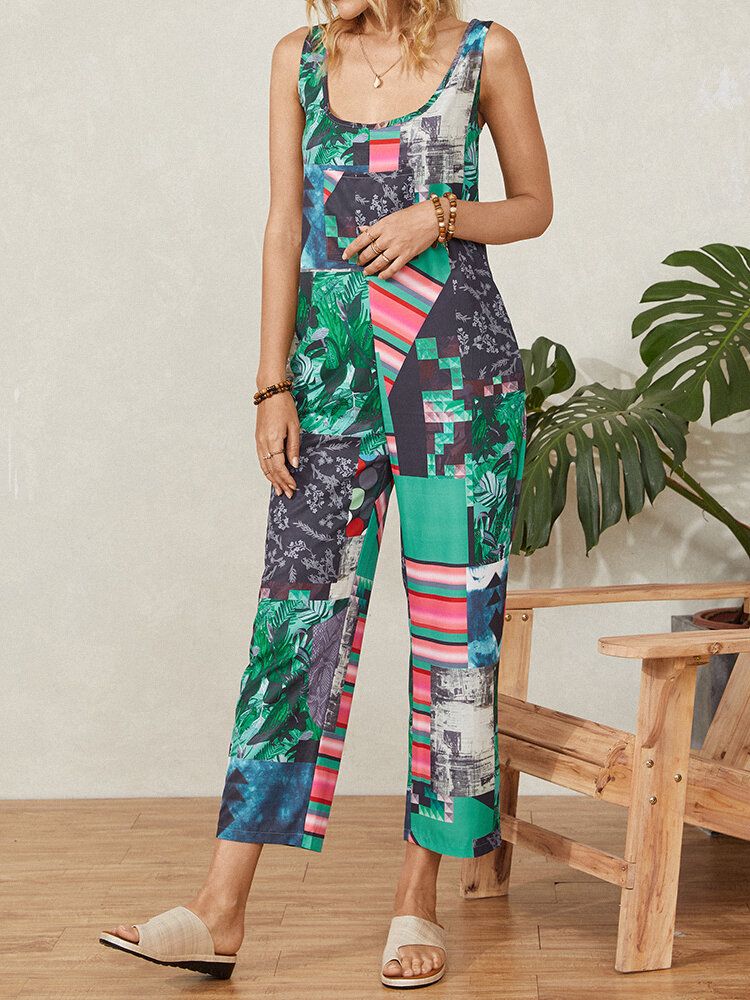 Flower Plants Ärmelloser Jumpsuit Mit Geometrischem Aufdruck Und Trägern Und Tasche