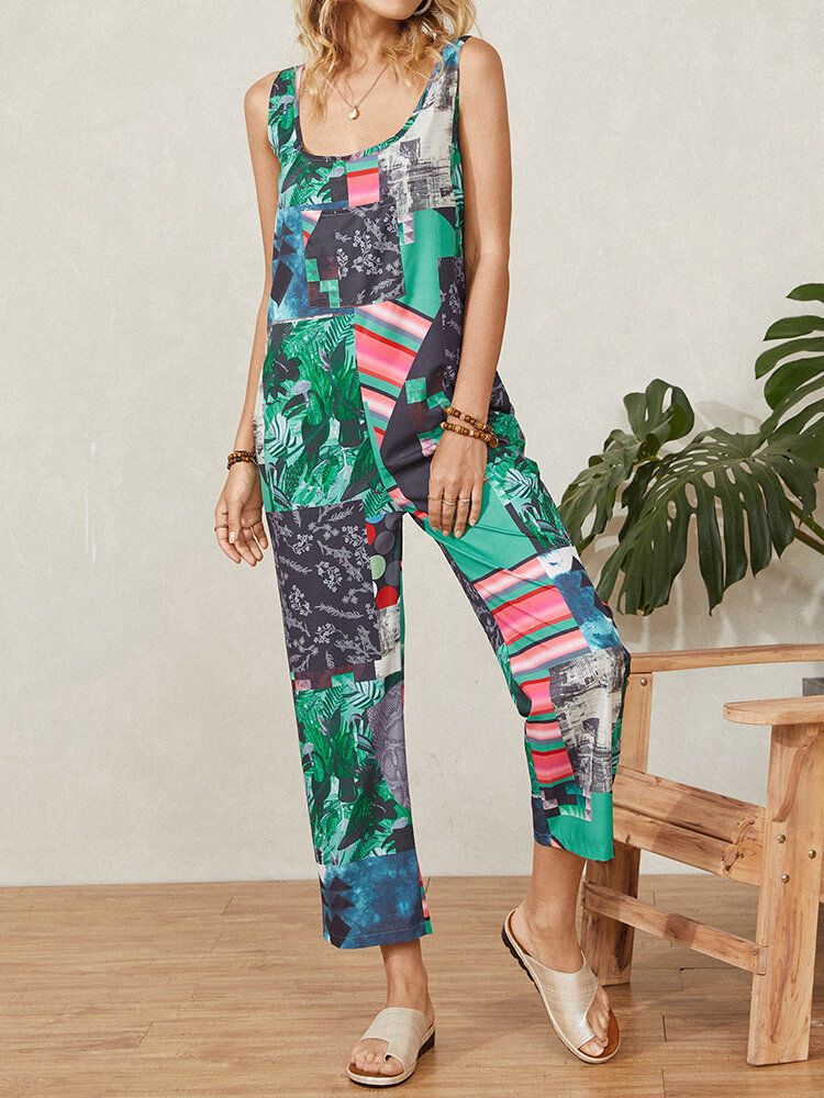 Flower Plants Ärmelloser Jumpsuit Mit Geometrischem Aufdruck Und Trägern Und Tasche