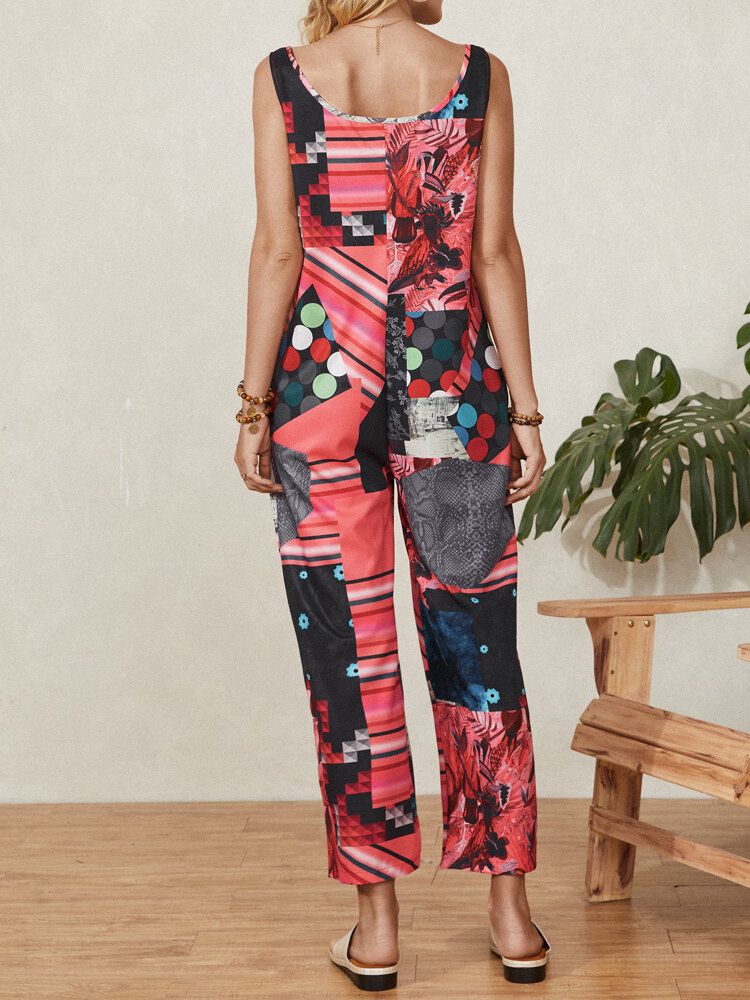 Flower Plants Ärmelloser Jumpsuit Mit Geometrischem Aufdruck Und Trägern Und Tasche