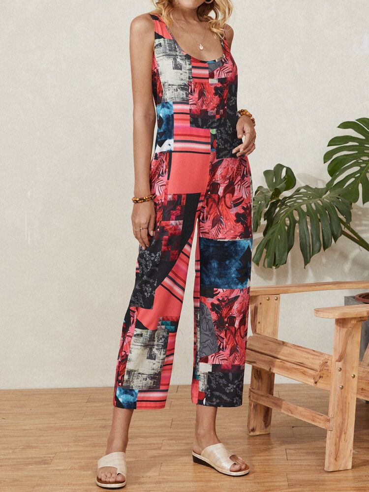 Flower Plants Ärmelloser Jumpsuit Mit Geometrischem Aufdruck Und Trägern Und Tasche