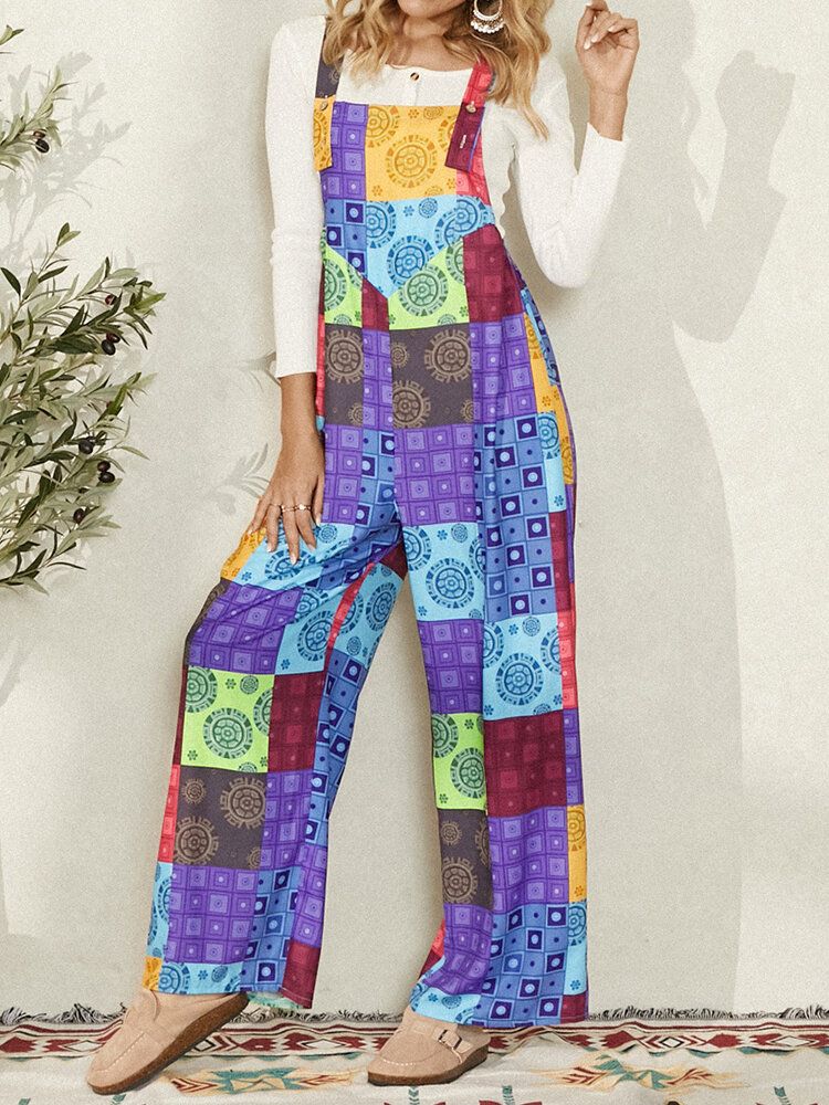 Frauen Ärmelloser Colorblock Ethnic Casual Jumpsuit Mit Seitentasche