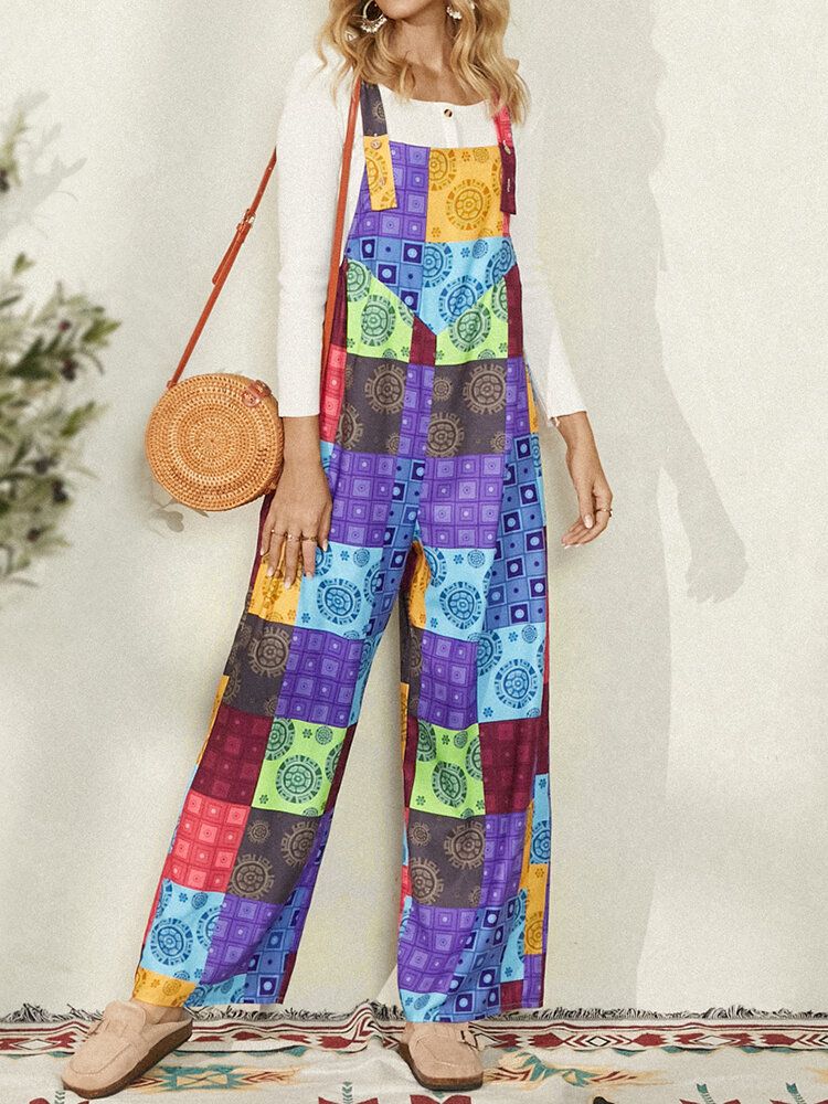 Frauen Ärmelloser Colorblock Ethnic Casual Jumpsuit Mit Seitentasche