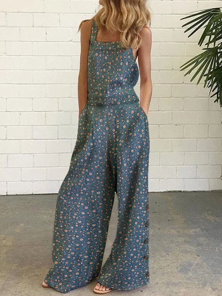 Frauen Baumwolle Blumendruck Seitenknopf Breites Bein Ärmellose Vintage Overalls Mit Tasche