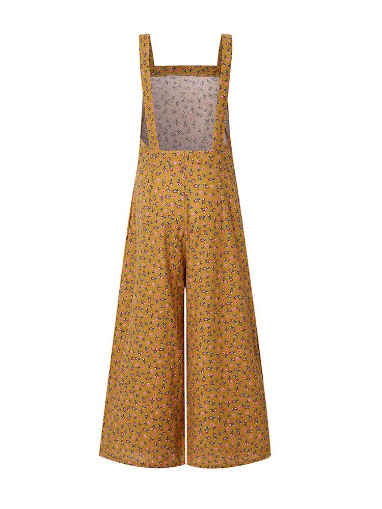 Frauen Baumwolle Blumendruck Seitenknopf Breites Bein Ärmellose Vintage Overalls Mit Tasche