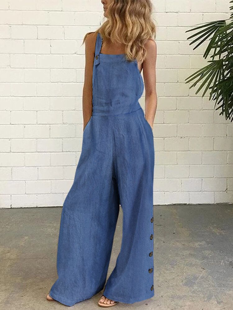 Frauen-denim-normallack-knopf-lose Overalls Beiläufige Breite Beintaschen-overalls