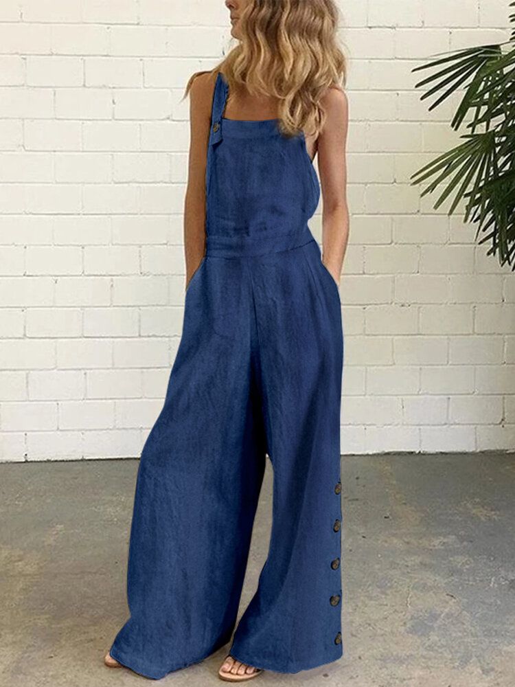 Frauen-denim-normallack-knopf-lose Overalls Beiläufige Breite Beintaschen-overalls