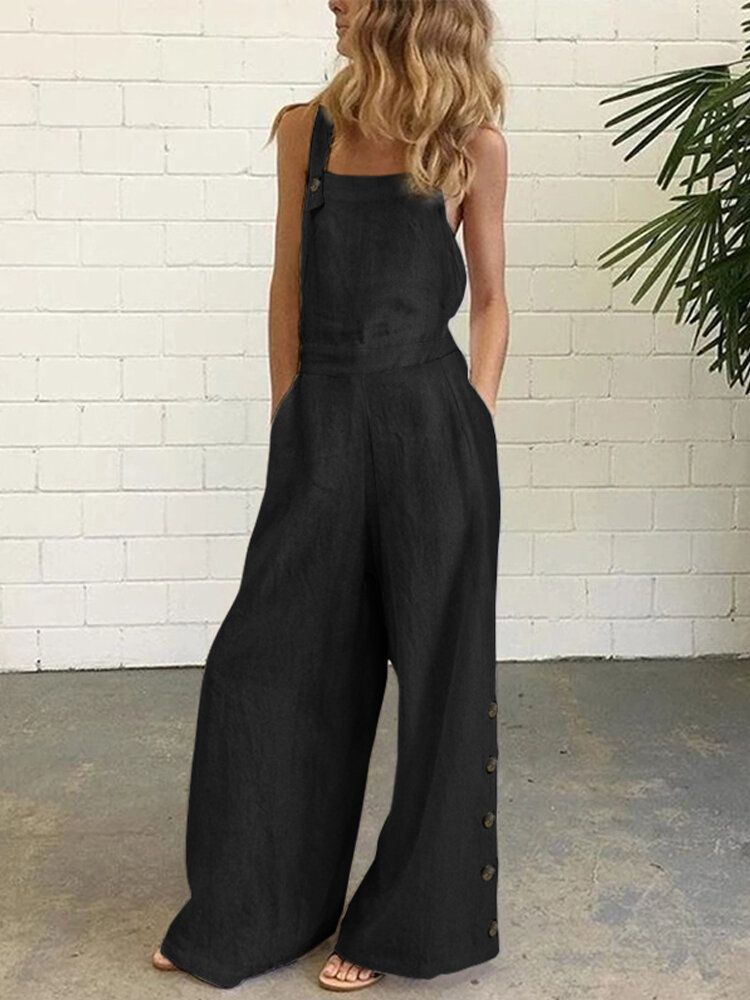 Frauen-denim-normallack-knopf-lose Overalls Beiläufige Breite Beintaschen-overalls